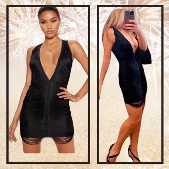 Pretty Angel Dresses & Skirts - 🔥PrettyLittleThing,Black Extreme Plunge Tassel Bodycon Dress,US Women’s Size 0